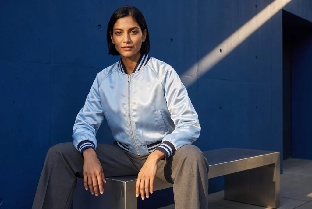 Dark-haired model in an ice-blue satin bomber seated on a steel bench against a cobalt wall.