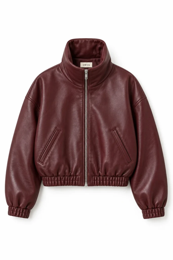 Oxblood leather bomber reference with a funnel collar, silver zip and gathered edges