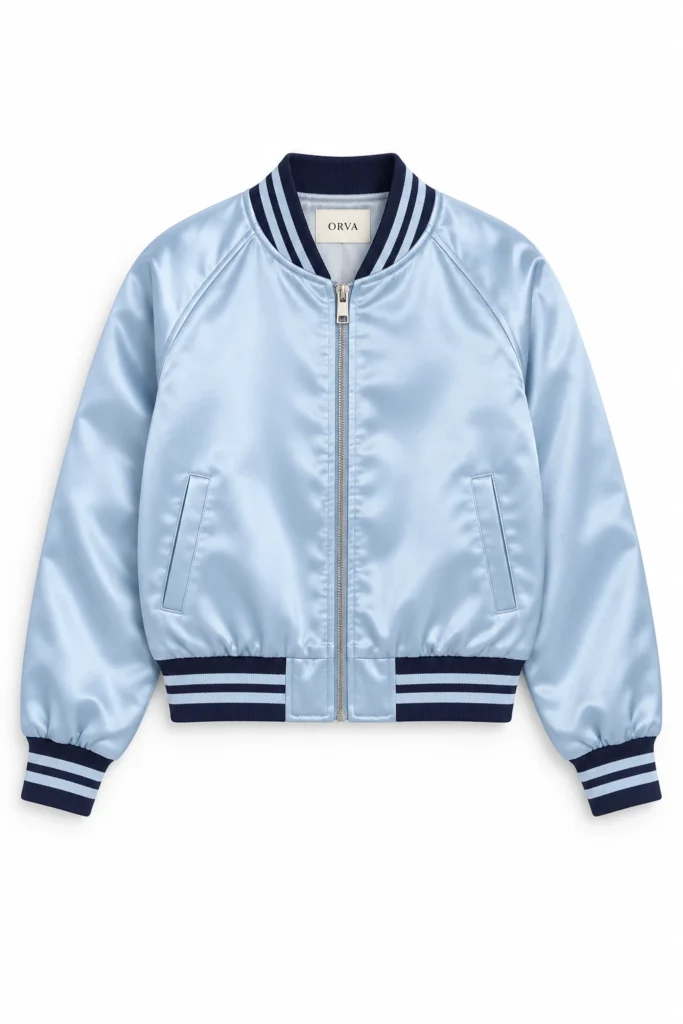 Ice-blue satin bomber reference with striped collar, cuffs and hem on white