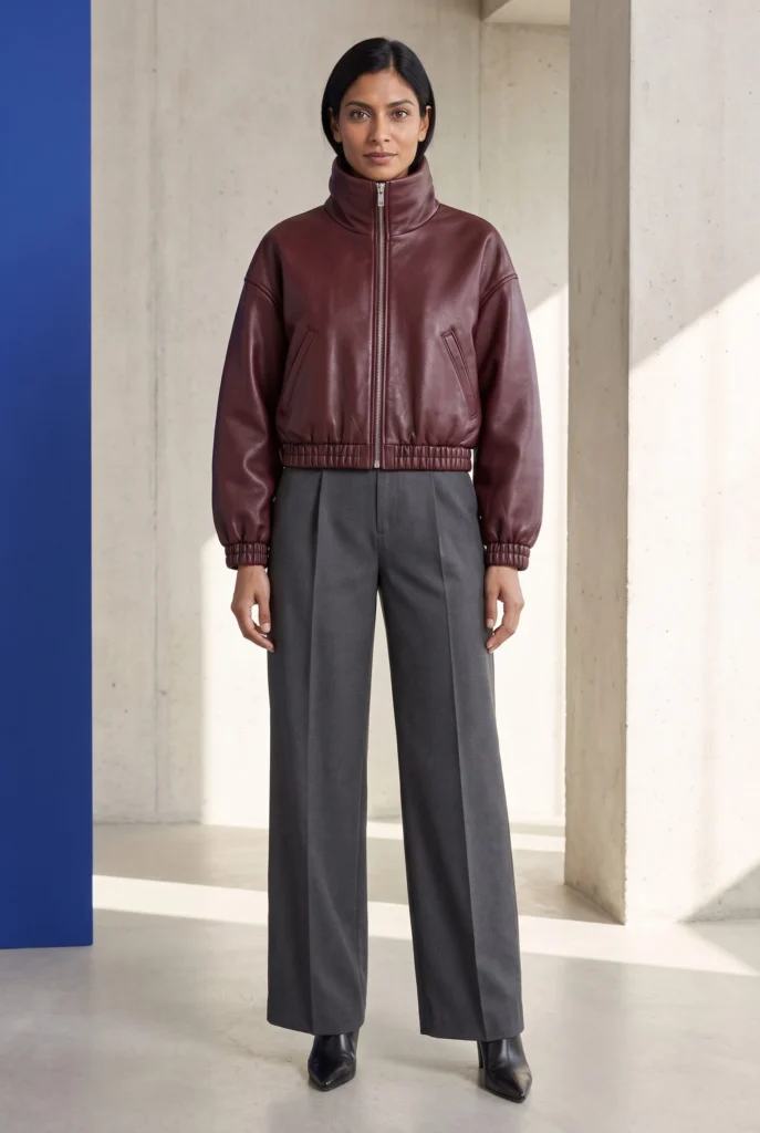 Full-body model in an oxblood leather bomber in a sunlit concrete studio, generated with Fotogenic AI