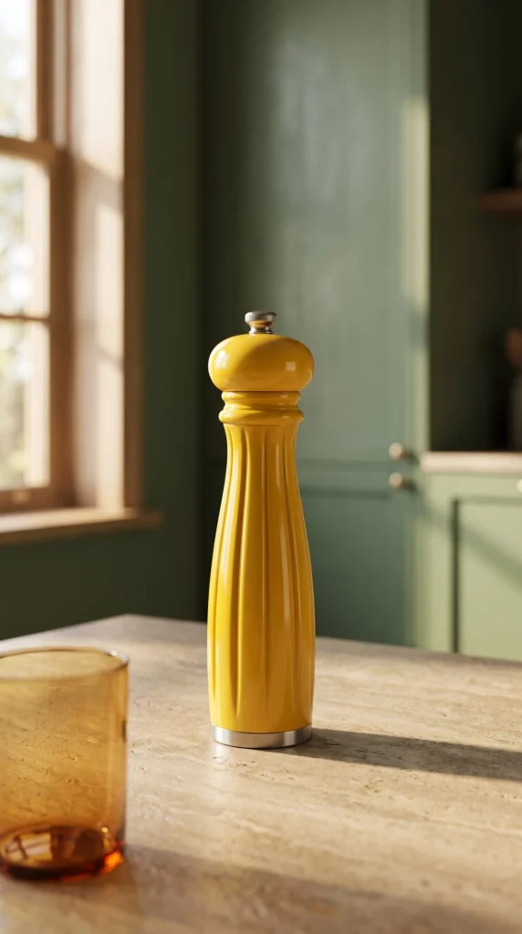 Yellow pepper mill beyond a blurred amber glass in a green kitchen, with its outline clear.