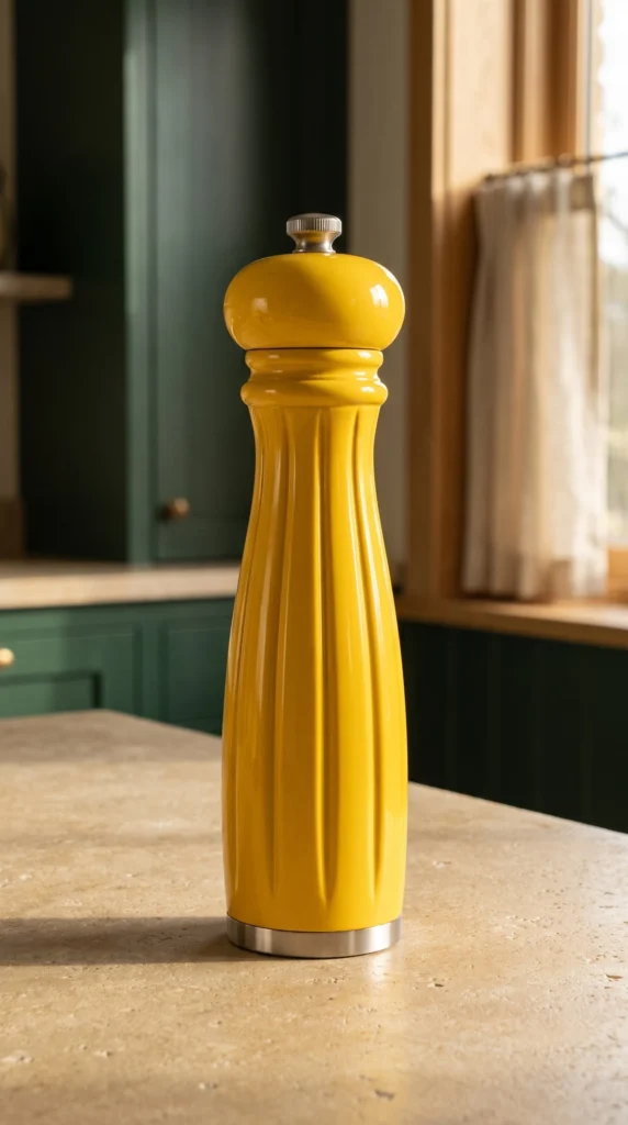 Complete yellow pepper mill on a stone counter beside a linen curtain in a green kitchen.