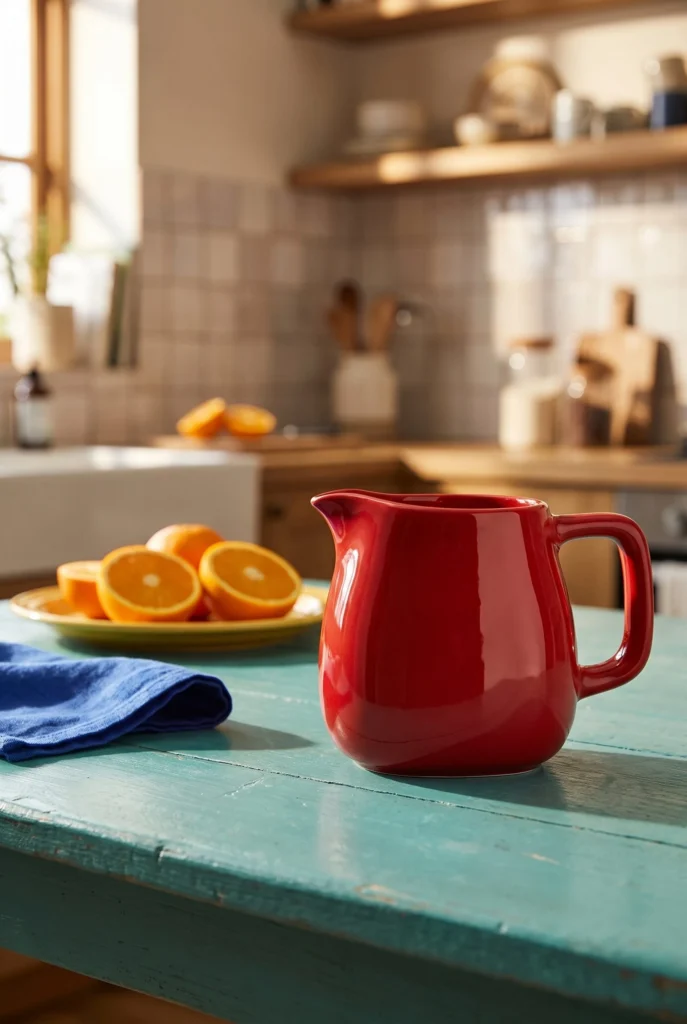 Red ceramic pitcher on a turquoise breakfast table beside a yellow plate and blue napkin.