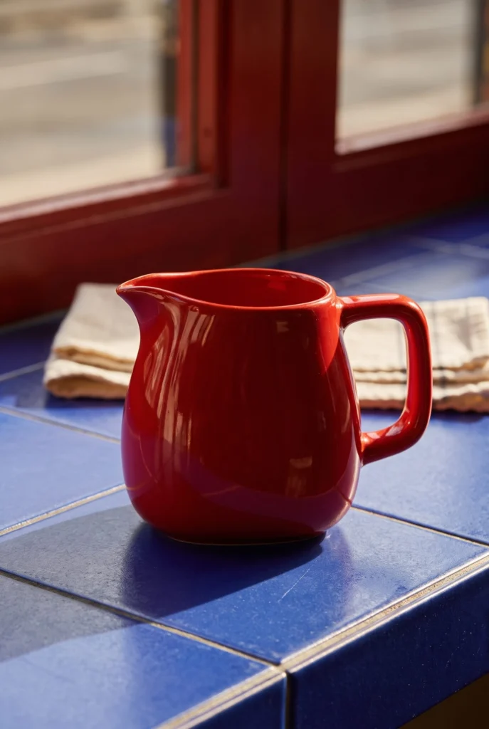 Red ceramic pitcher on a blue tiled cafe counter beside a red window frame.