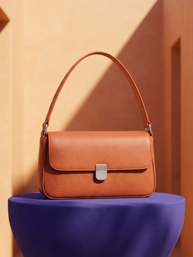 Terracotta shoulder bag on a violet plinth in an apricot courtyard