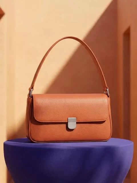 Terracotta shoulder bag on a violet plinth in an apricot courtyard video preview