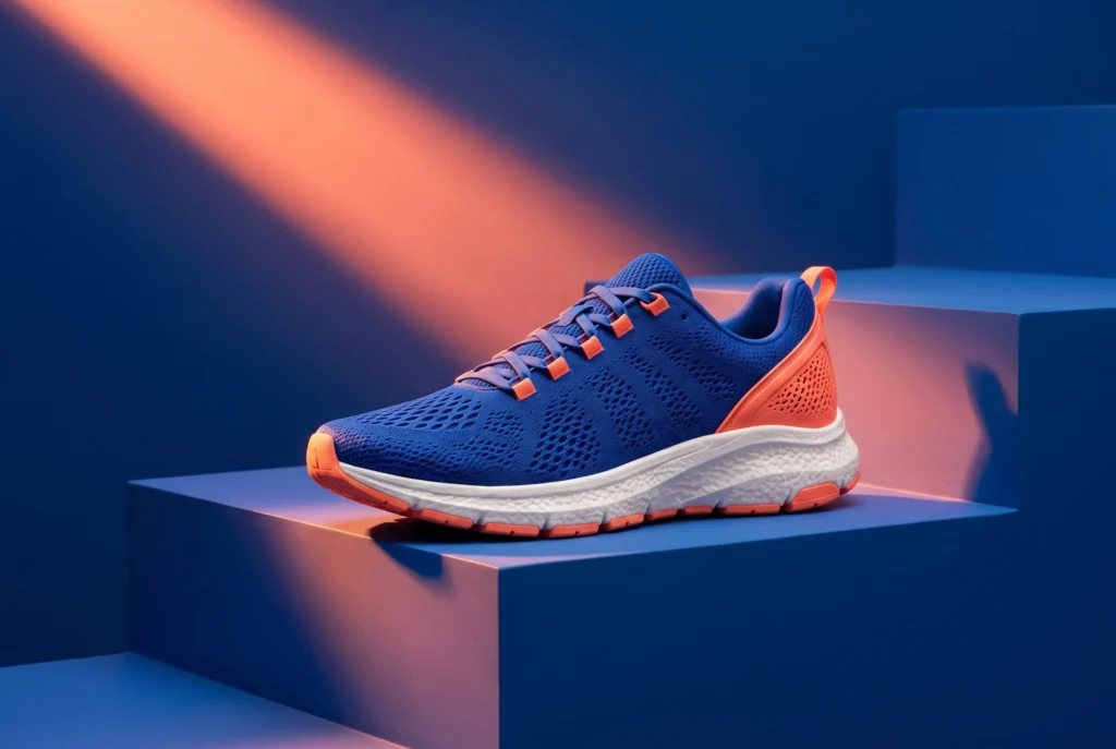 Blue and coral sneaker on cobalt studio steps with coral lighting