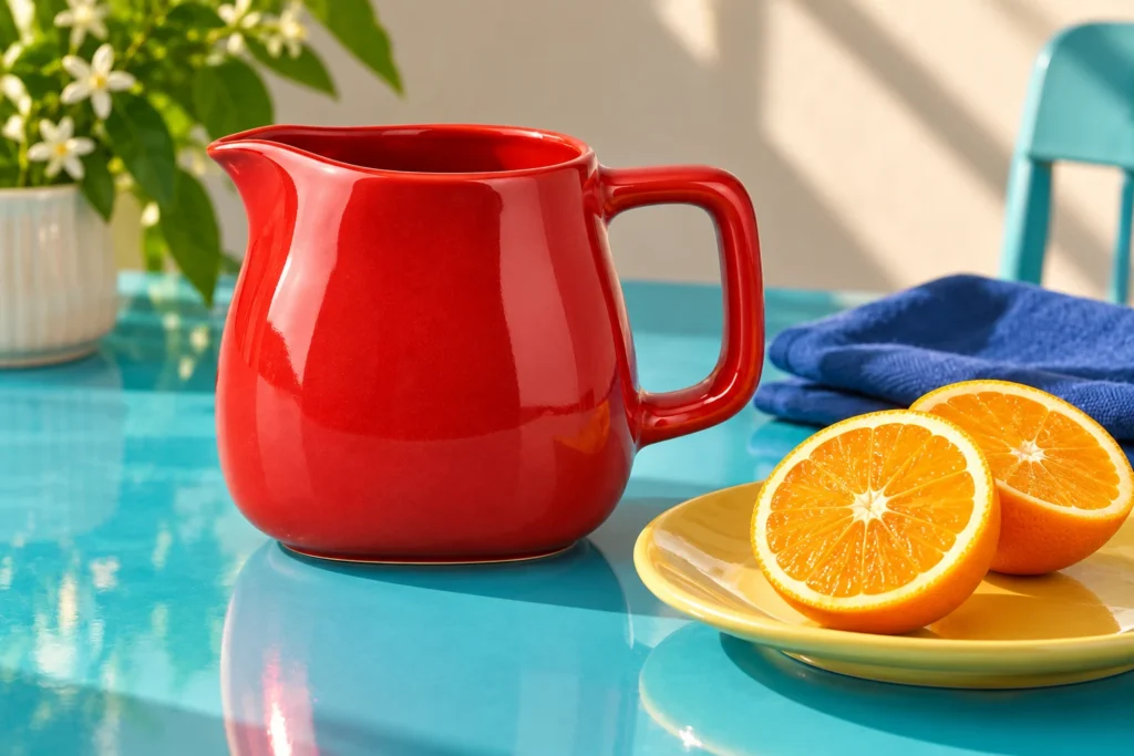 Red ceramic pitcher and orange halves on a turquoise kitchen table.