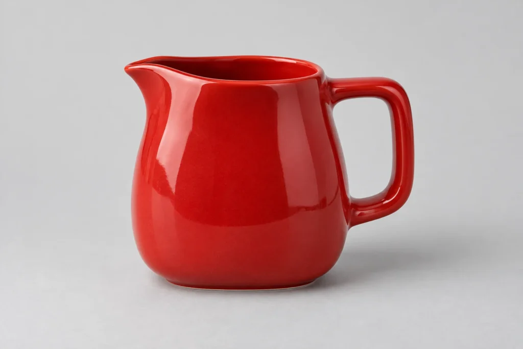 Red ceramic pitcher reference with a broad pouring lip and rounded handle