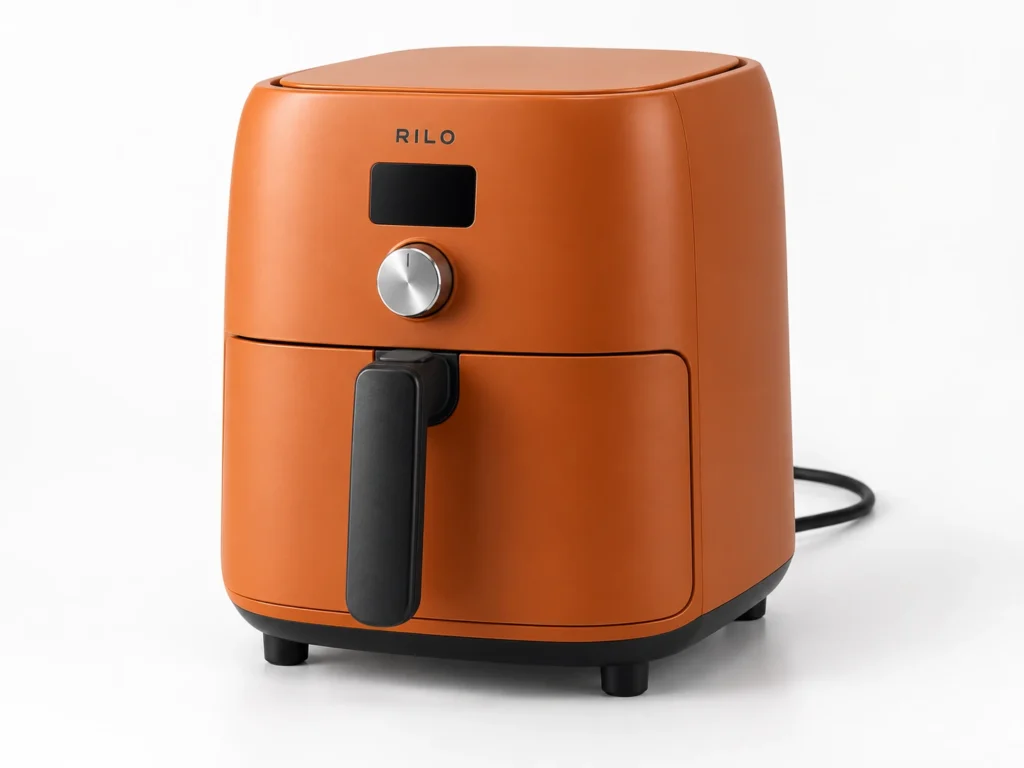 Orange air-fryer reference with a control screen, silver dial and dark drawer handle