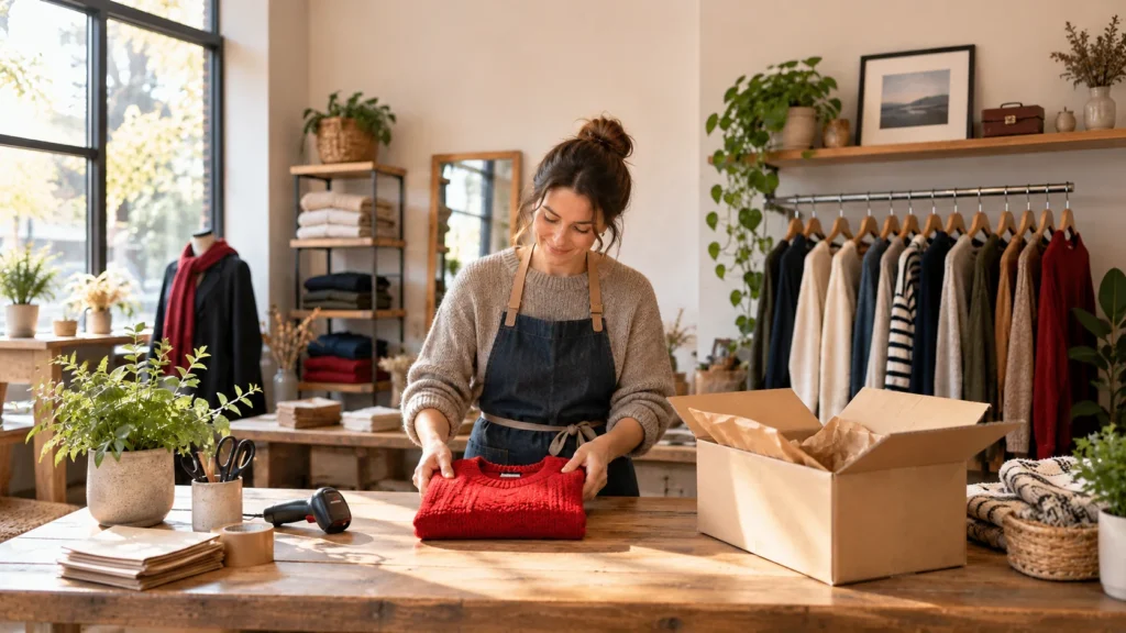 Scarlet sweater, parcel and scanner at a clothing shop packing station.