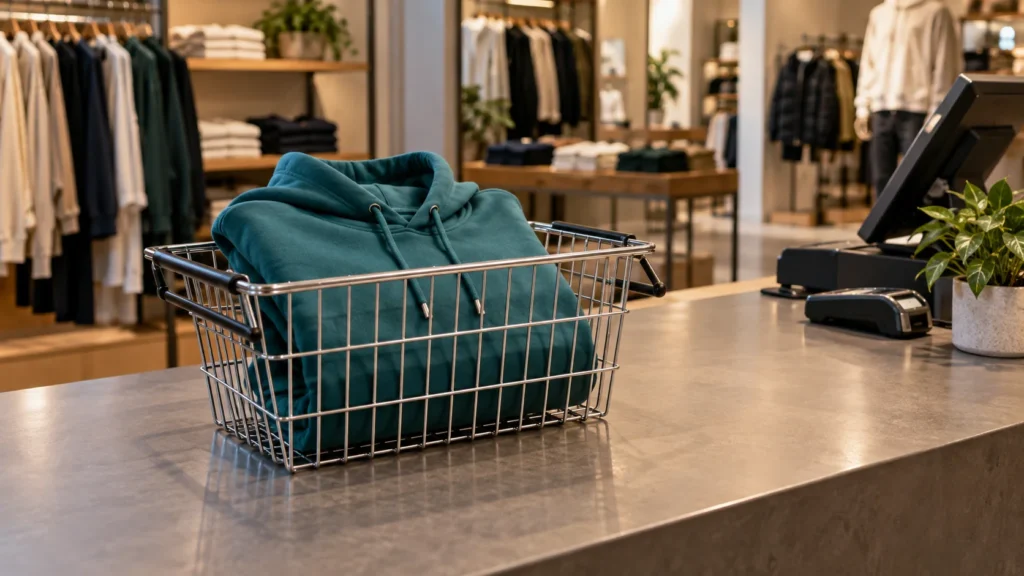 Teal hoodie in a shopping basket at an apparel store checkout.