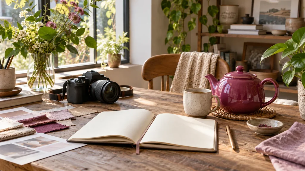 Magenta teapot, notebook and camera on an editorial worktable.