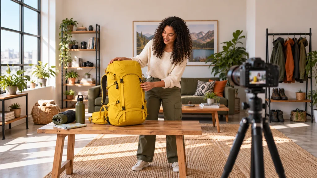 A creator recording a yellow backpack demonstration in a daylight home workspace.