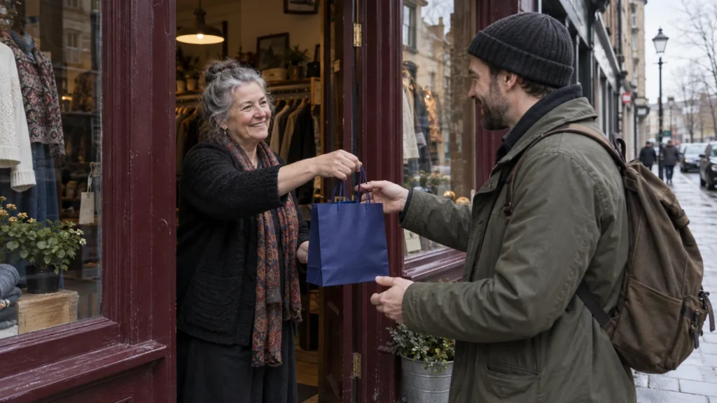 A shopkeeper handing a blue shopping bag to a man at a shop entrance.