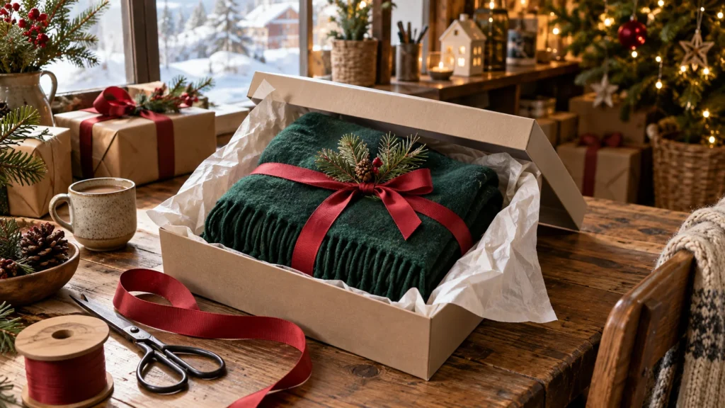 Green wool scarf, gift box and red ribbon on a holiday packing counter.