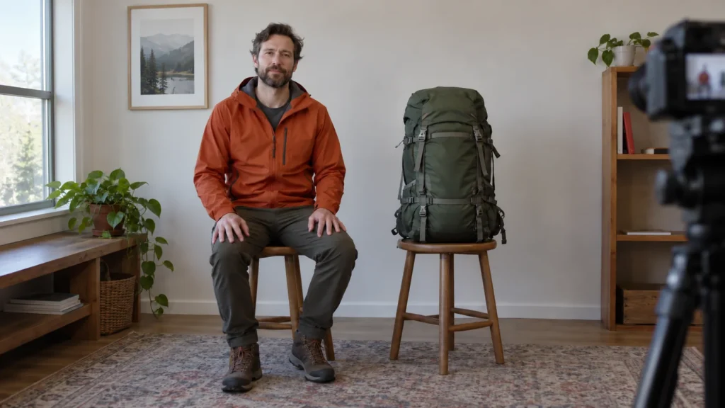 An outdoor gear reviewer recording beside a hiking backpack.