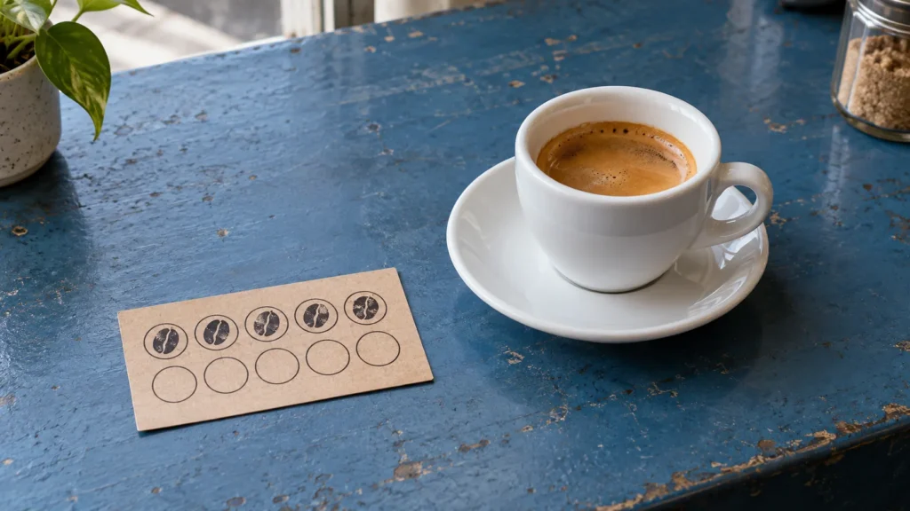 A stamped loyalty card beside a cup of coffee.