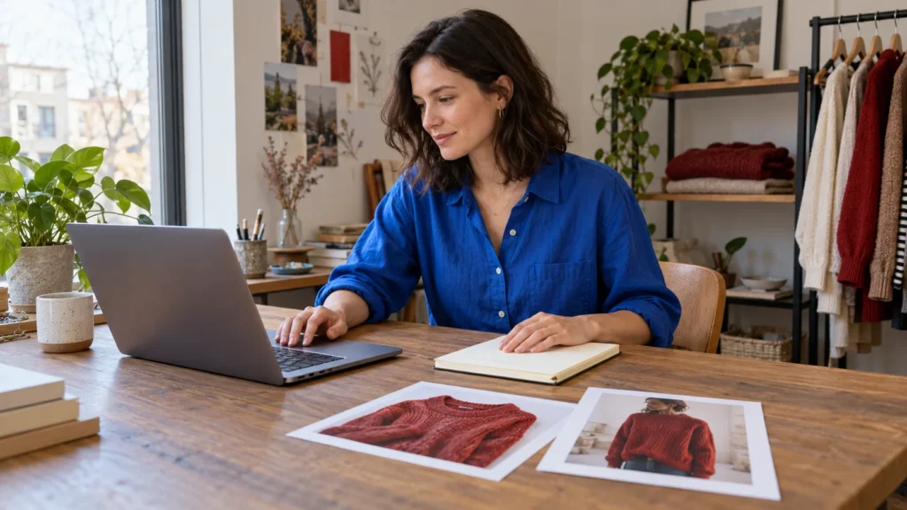 A clothing retailer planning product messages beside photographs of a red sweater.