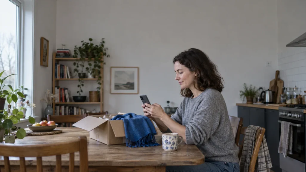 A woman checking her phone beside an opened clothing parcel.