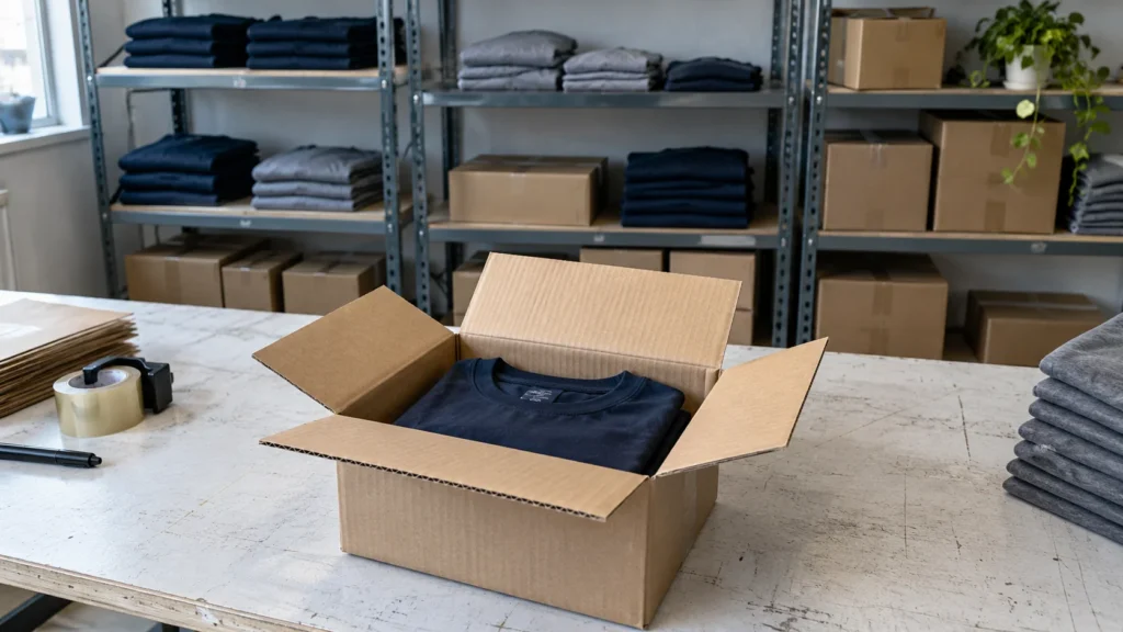 A clothing order being packed in a small ecommerce warehouse.