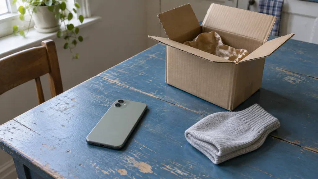 A phone beside a recently opened delivery.