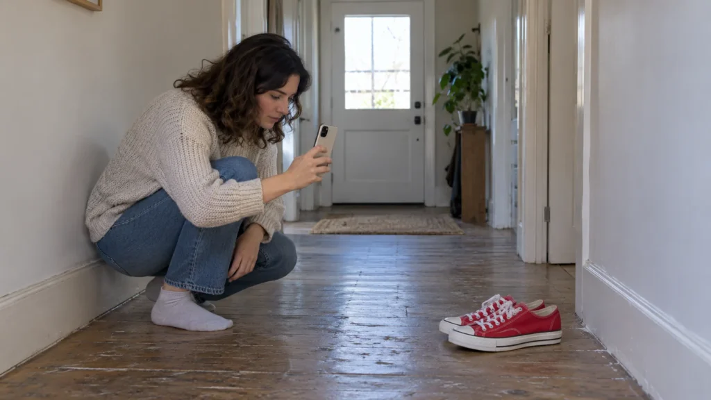 A person photographing canvas sneakers in a hallway.