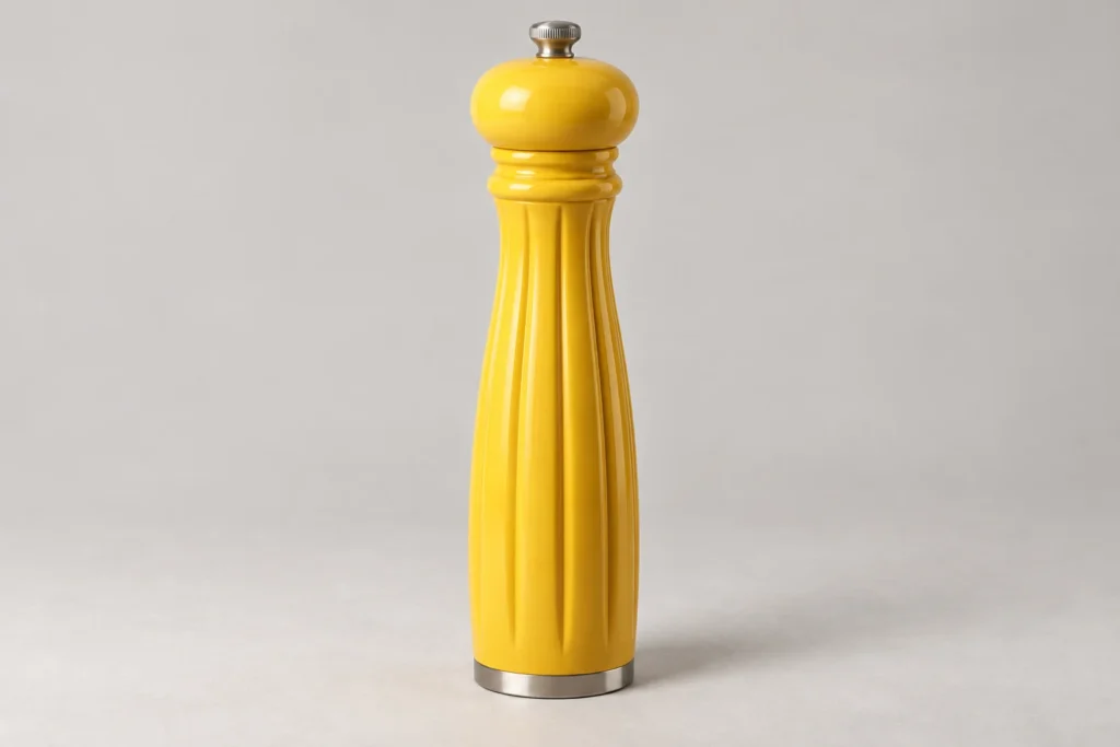 Yellow fluted pepper-mill reference with silver upper mechanism and base