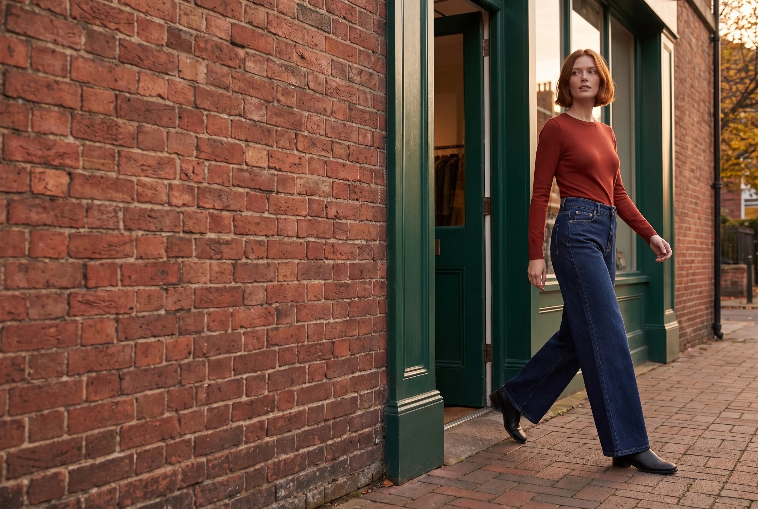 Woman wearing dark indigo wide-leg jeans beside a green shopfront