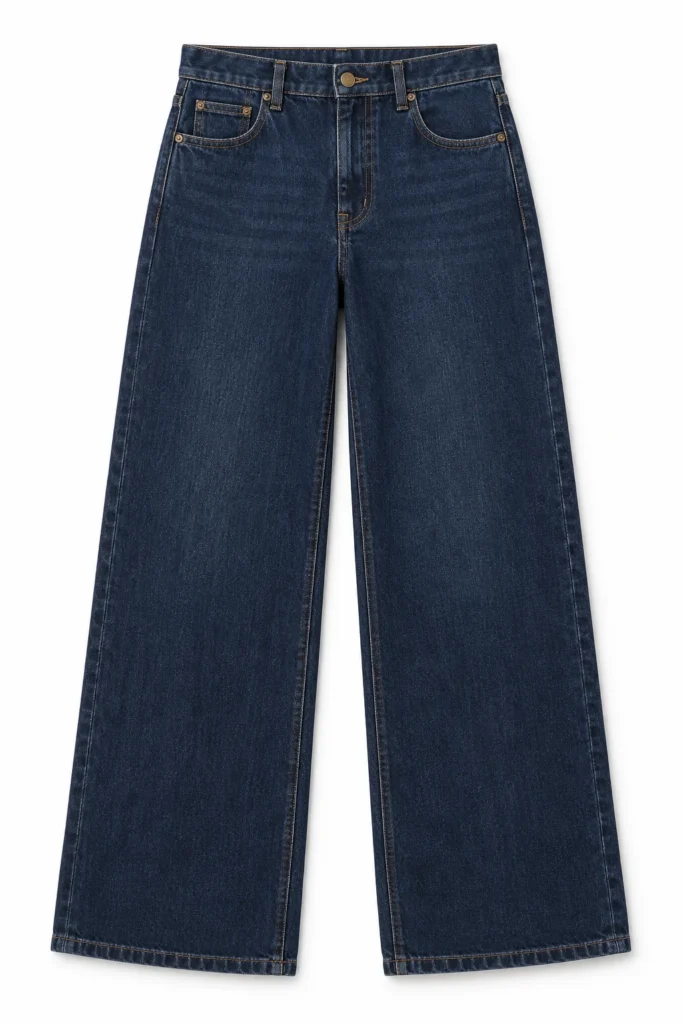 Complete dark indigo wide-leg jeans reference on a neutral background