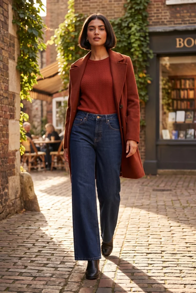 Woman wearing dark indigo wide-leg jeans and a rust coat on a brick-paved neighborhood street