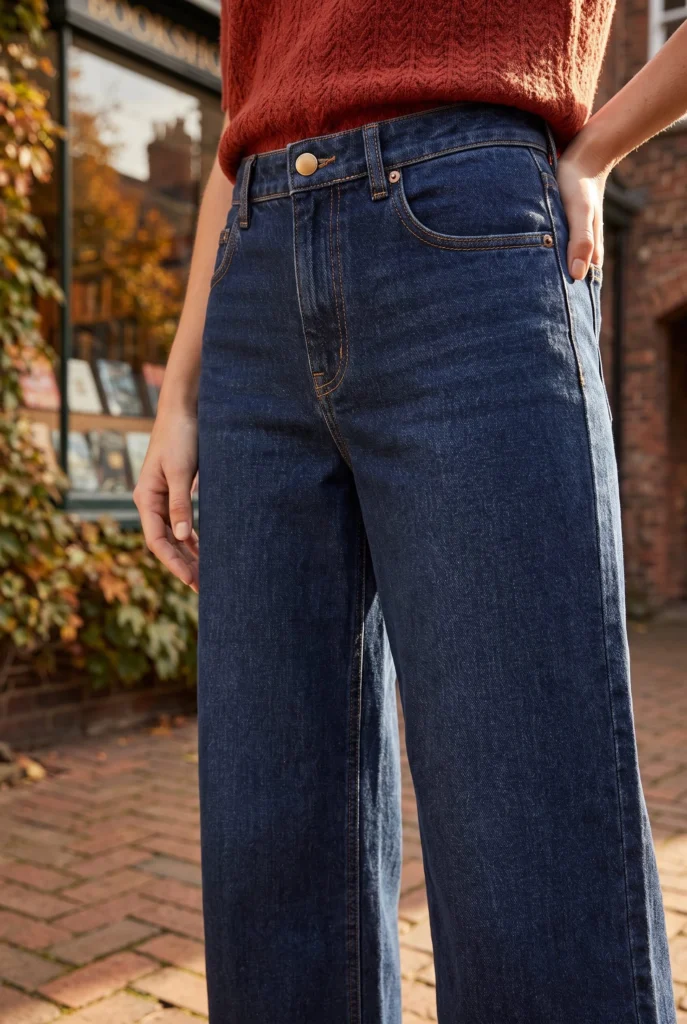 Close detail of the dark indigo jeans, brass waistband button, zip fly and contrast stitching